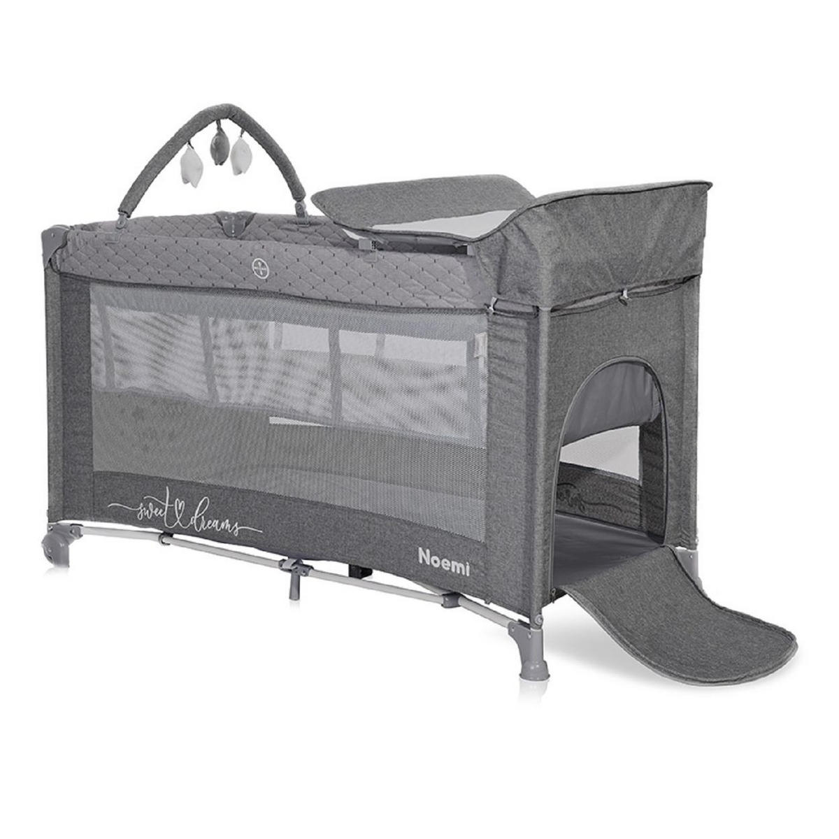 REISEBETT Noemi 2 Ebenen dunkelgrau Wickelauflage, Spielbogen, Tragetasche, Räder - Grau, Kunststoff (69/127cm) - Lorelli