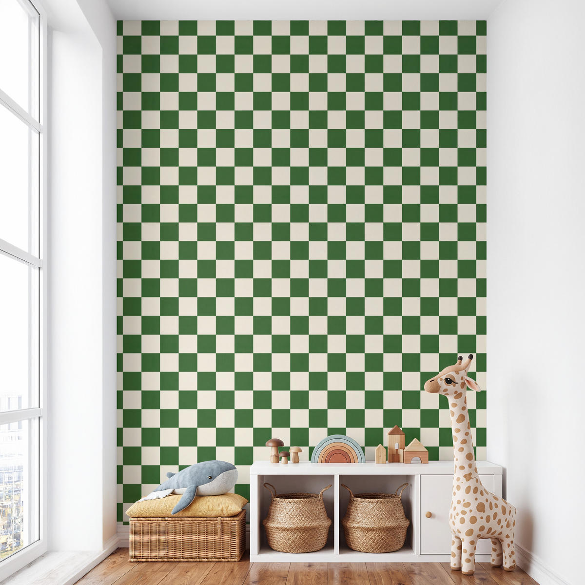 KINDERTAPETE - Schachbrett - Muster - Grün - 200x300 cm - Grün, Papier (200/300cm) - OnlyWow