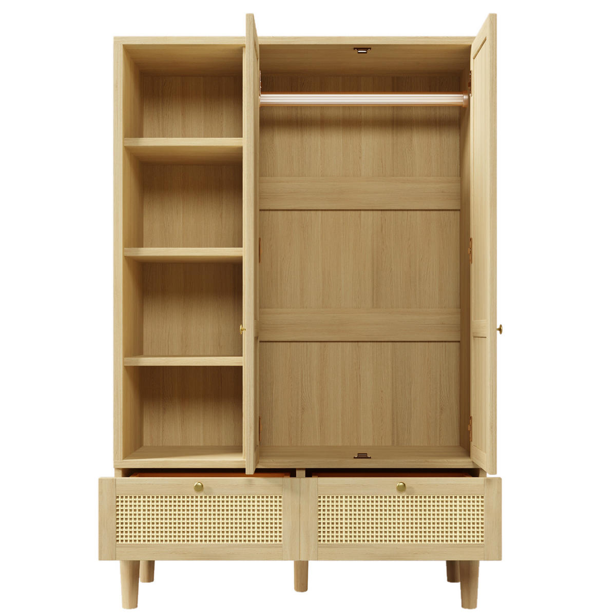 KLEIDERSCHRANK 50/120/180 cm eichefarben aus MDF, Massivholz und Metall mit Rattangeflecht - Eichefarben, Holz (120/180/50cm) - OKWISH