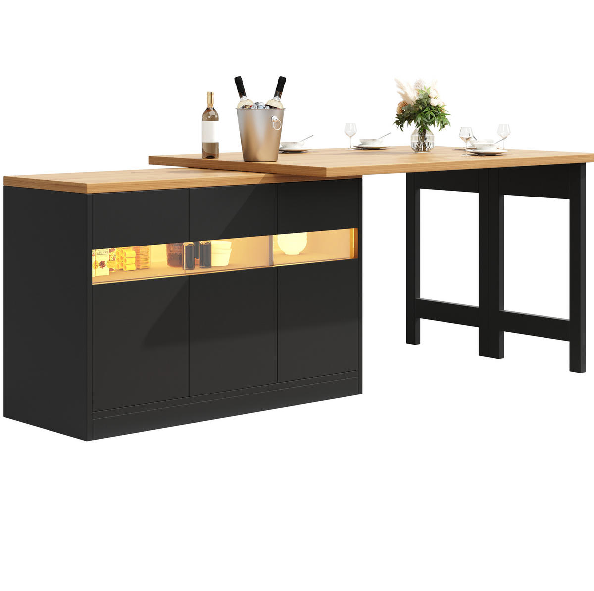 BARTISCH, MDF mit LED & 360° drehbar, ausziehbar 120-180/40/71,5 cm, Schwarz - Schwarz, Holzwerkstoff (40/71.5/107cm) - Redom