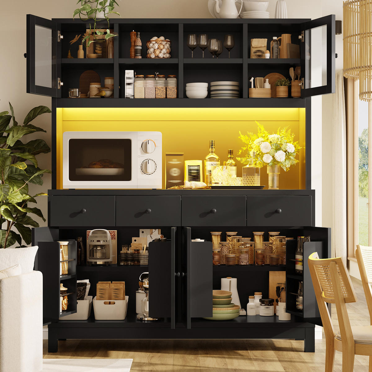 BUFFET DE-38471 140/38/180 cm mit LED-Beleuchtung und 4 Schubladen Schwarz - Schwarz, Holzwerkstoff (140/180/38.5cm) - ComfortXL