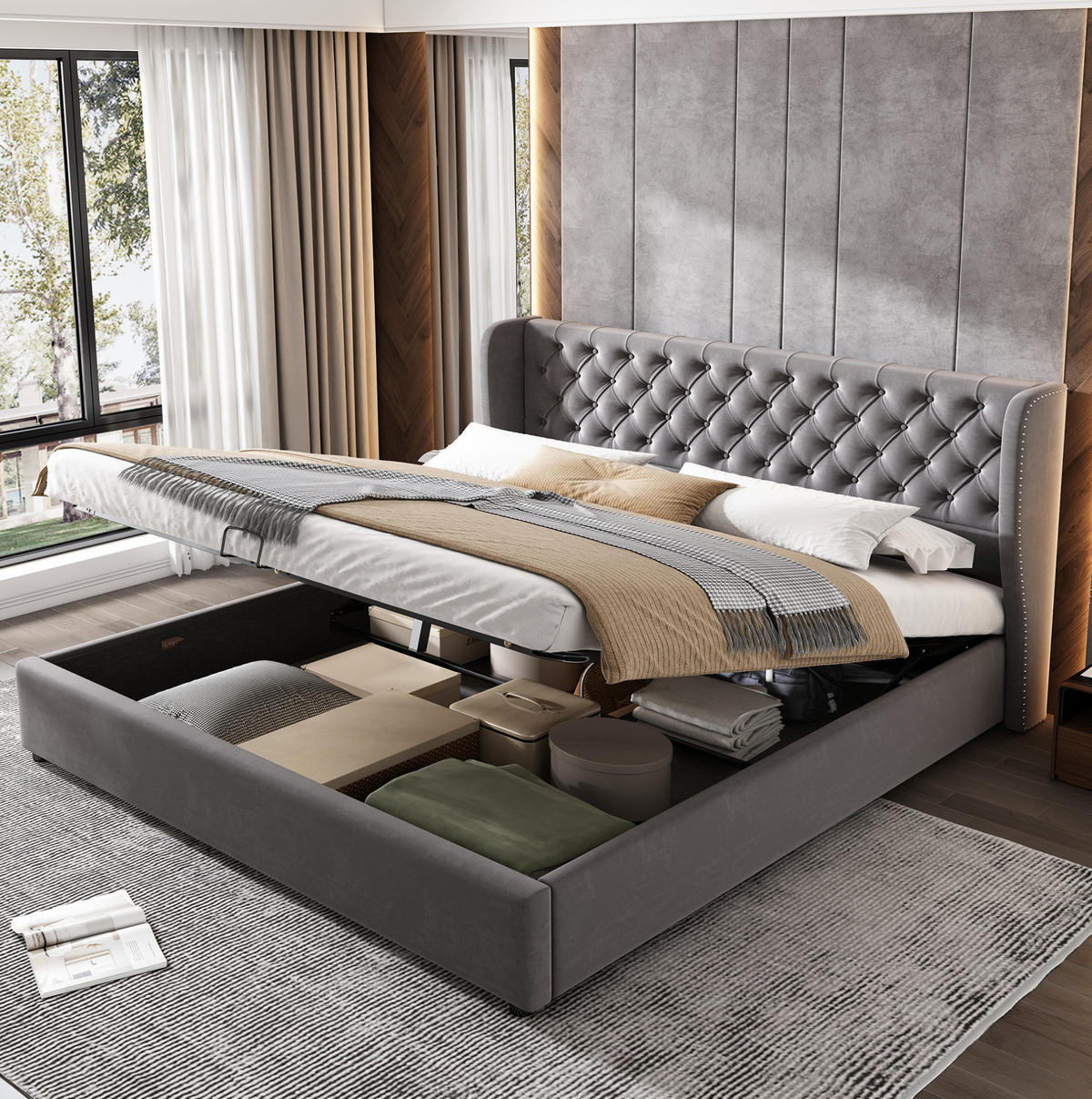 POLSTERBETT aus Samt 160x200 cm Grau mit hydraulischem Bettkasten und Lattenrost - Grau, Textil (160/200cm) - IVMEU