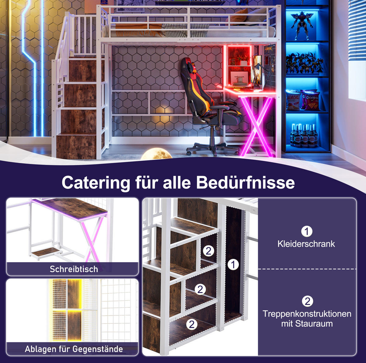 HOCHBETT 90/200 cm mit LED-Beleuchtung, Ablageleiter, Schreibtisch, Kleiderschrank und Regalen, Metall/MDF, Weiß - Weiß, Metall (90/200cm) - Redom