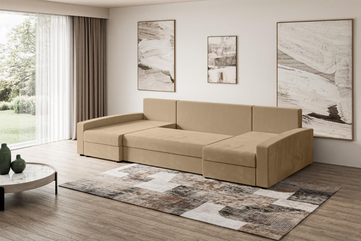 WOHNLANDSCHAFT mit Schlaffunktion und Bettkasten ALESIA-U 301x140x90 cm Beige Velours - Beige/Silberfarben, Holzwerkstoff/Kunststoff (301/90/140cm) - ALTDECOR