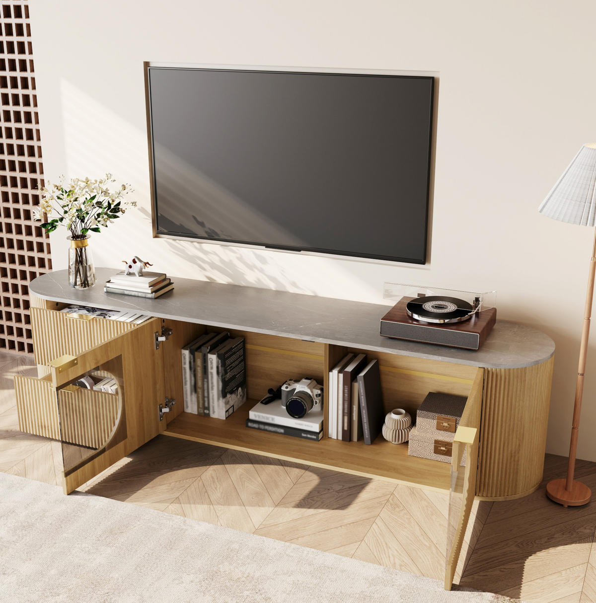 TV skříňka 172/38/45,5 cm přírodní MDF se skleněnou vitrinou - světle hnědá, kompozitní dřevo (172/45.5/38cm) - BEAOK