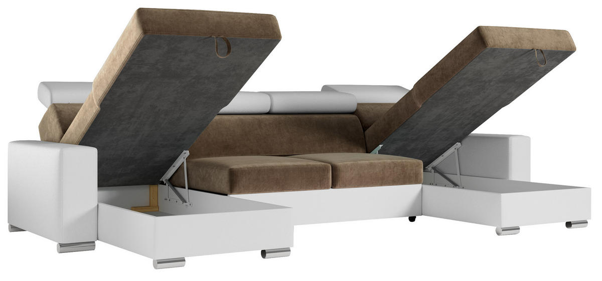 WOHNLANDSCHAFT FOX U Braun/Weiß - Velvet/Kunstleder - Silberfarben/Braun, Kunststoff/Textil (306/98/168cm) - MKS