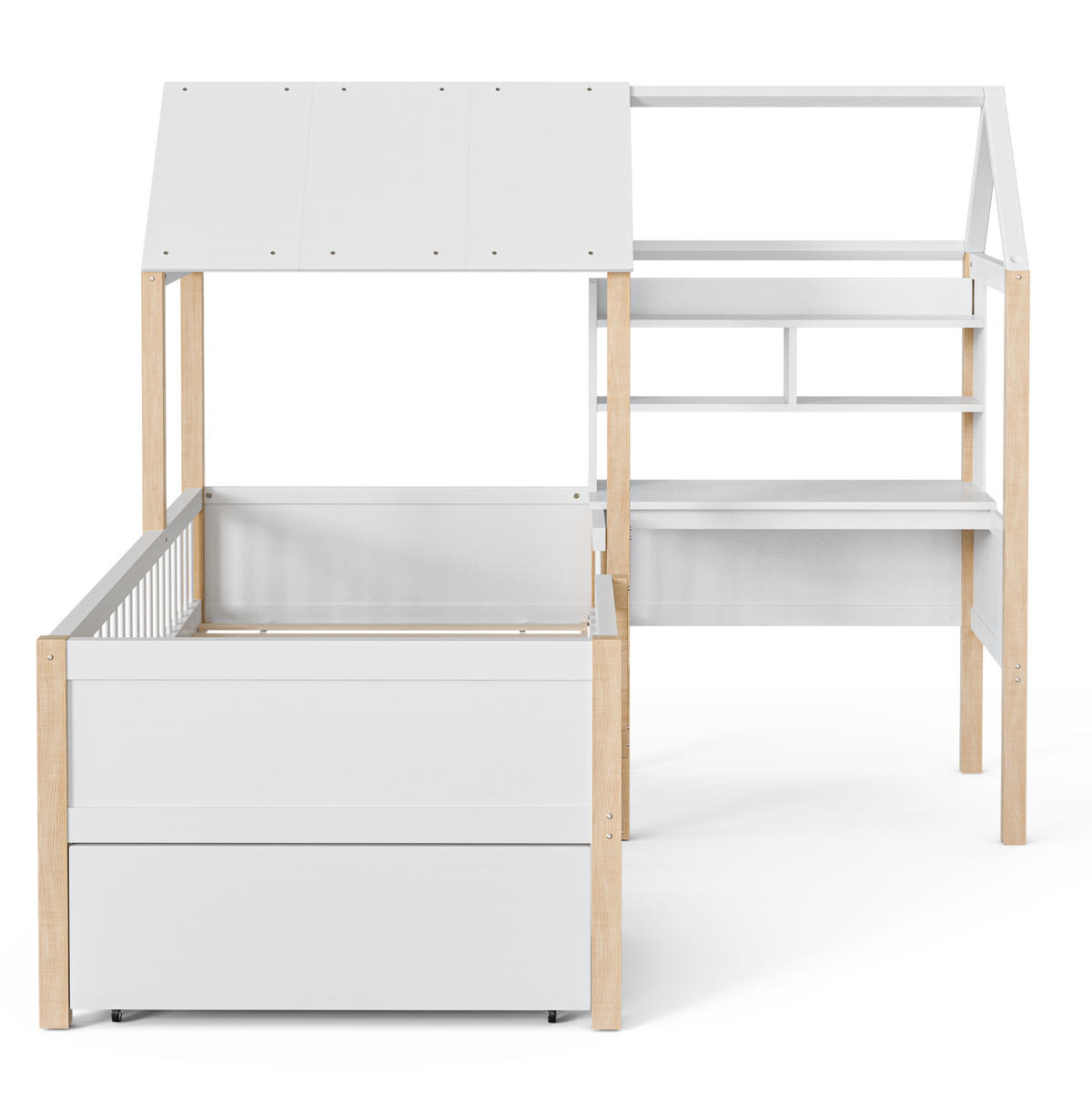 HAUSBETT aus 90x200 cm Weiß mit Schreibtisch, Bücherregal, Rollschubladen und Rausfallschutz - Weiß, Holzwerkstoff (90/200cm) - Modfu
