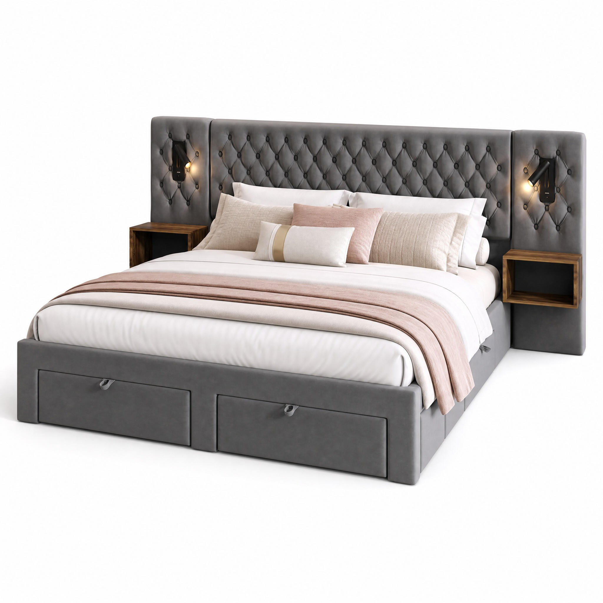 BETTANLAGE 160/200 cm in Grau mit 2 Nachttischen, 4 Schubladen, USB und Type-C Samt Vintage-Design - Grau, Holzwerkstoff/Textil (160/200cm) - STILVORA