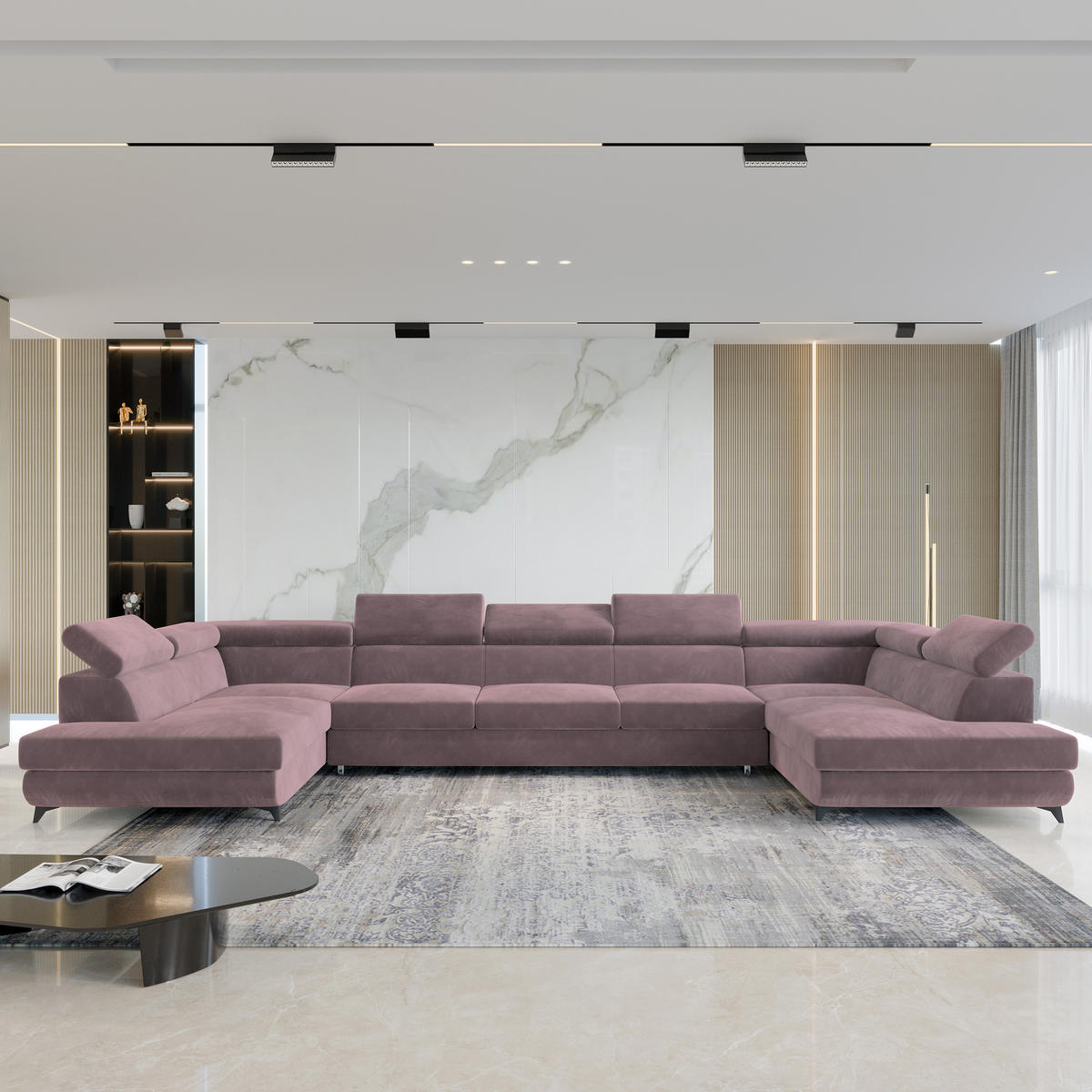 ROHOVÁ SEDAČKA URMANO šeříková - černá/šeříková, kov/dřevo (395/190cm) - MASSENO