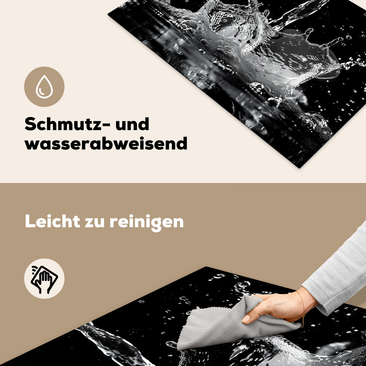 HERDABDECKPLATTE Wasser - Spritzwasser - Schwarz Induktionsmatte 77x51 cm - Schwarz, Kunststoff (77/51/0.2cm) - MuchoWow