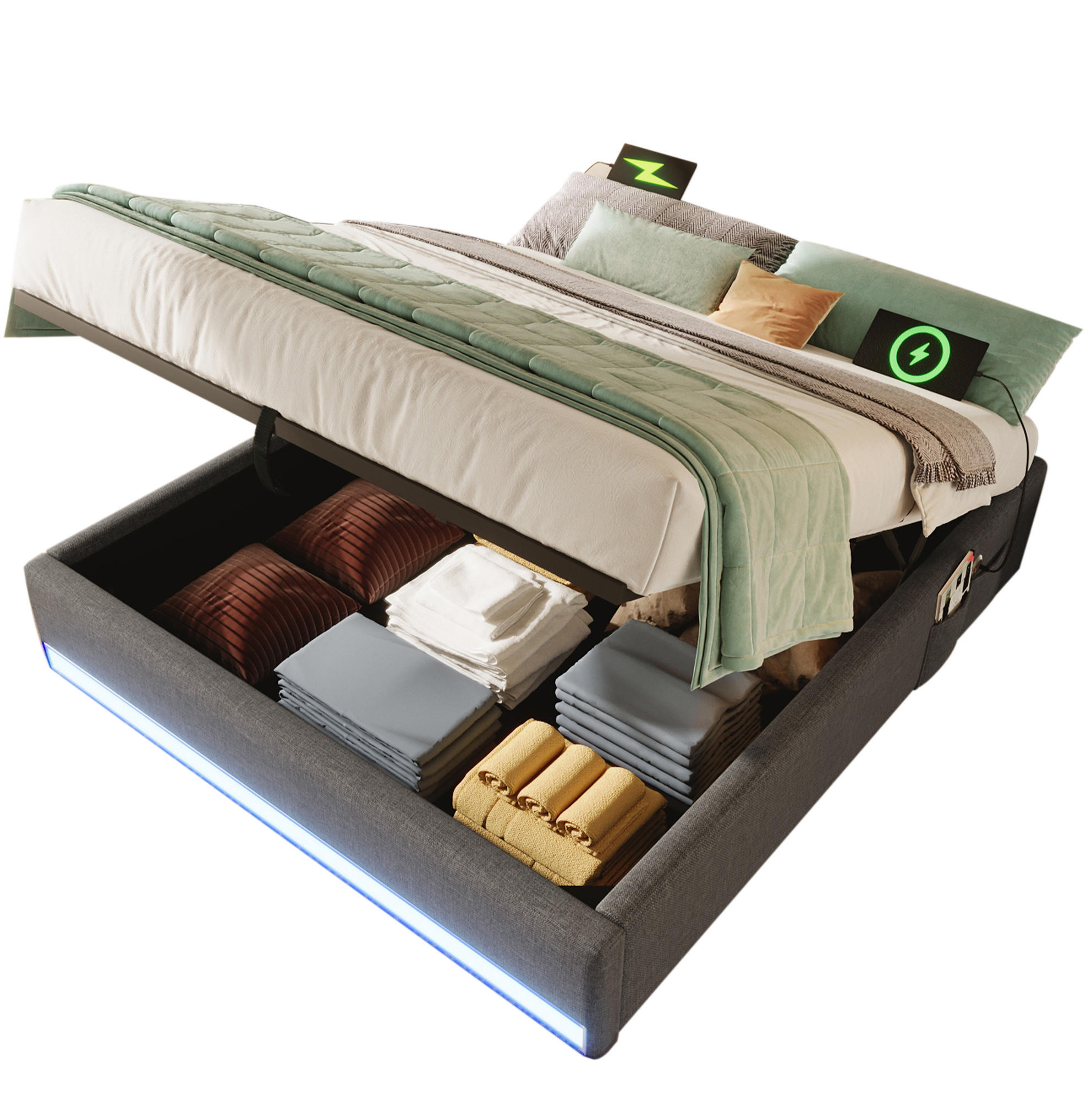 POLSTERBETT mit LED-Beleuchtung 140/200 cm mit Bettkasten, USB und Typ-C, Grau - Grau, Textil (140/200cm) - BEAOK