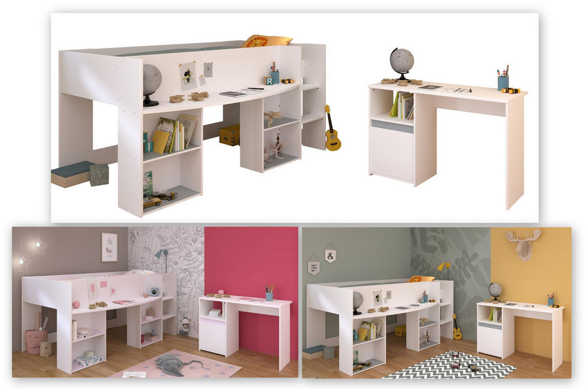 KINDERZIMMER Set 2-tlg. mit Schreibtisch und Hochbett 90 x 200 - Weiß, Holz/Holzwerkstoff (90/104/200cm) - Parisot Meuble