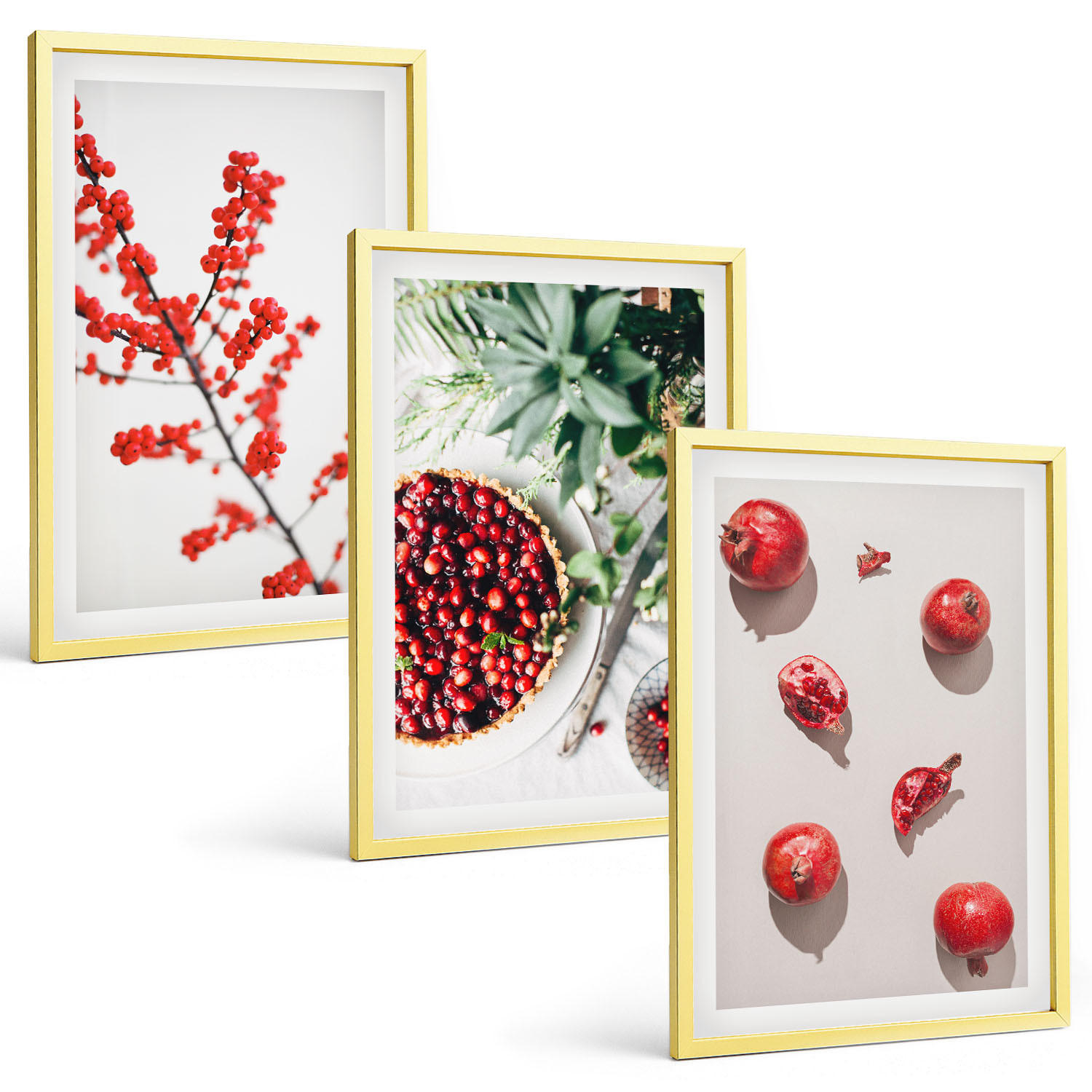 BILDER SET 3er Set - 40x60 cm Goldrahmen - Minimalismus der roten Früchte von Pflanzen - Goldfarben, Kunststoff (40/60cm) - TULUP