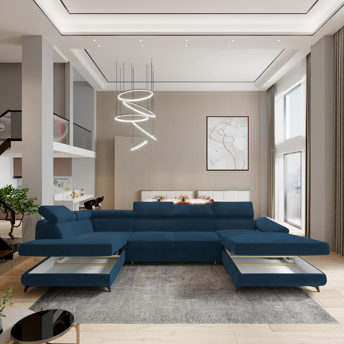 WOHNLANDSCHAFT RUBANO L-S Blau Velours-Stoff mit Schlaffunktion - Blau, Holz (339/89/190cm) - MASSENO