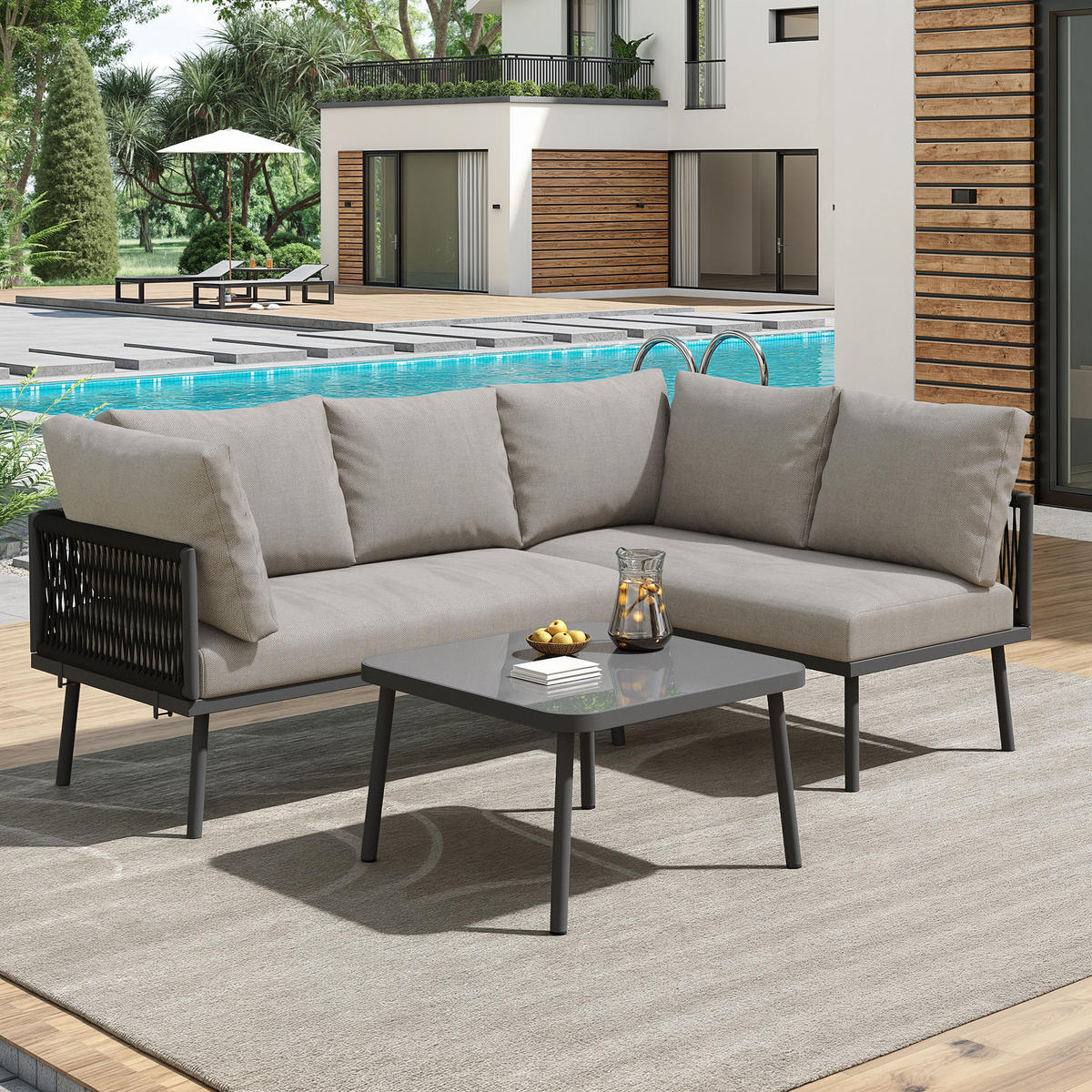 GARTENMOEBEL Set L-Form Eisen Grau Seil Verstellbare Füße 2 Sofas Tisch - Grau, Metall - FLIEKS