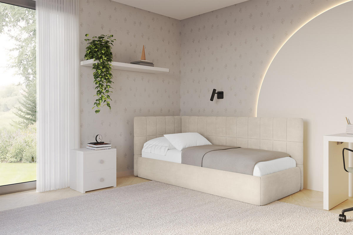 EINZELLBETT Jugendbett mit Bettkasten, Rechts - TULY 100x200 Beige - Naturfarben, Holzwerkstoff/Textil (100/200cm) - ALTDECOR