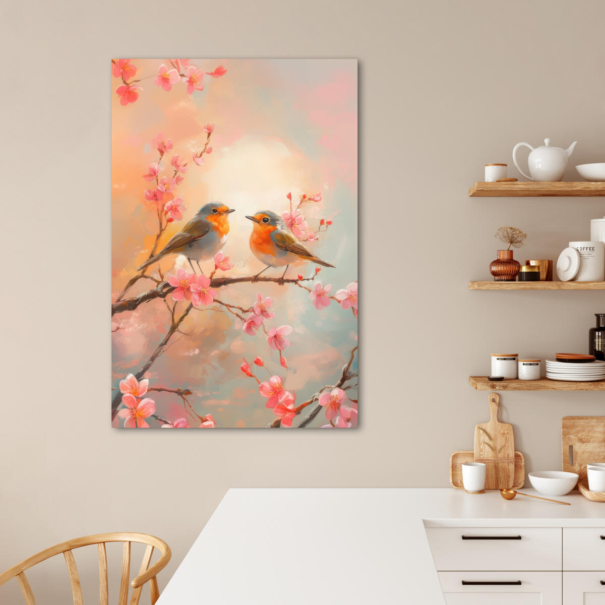 LEINWANDBILD Rotkehlchen - Zierpflanze - Blütenzweig 80x120 cm - Hellrosa, Textil (80/120cm) - MuchoWow