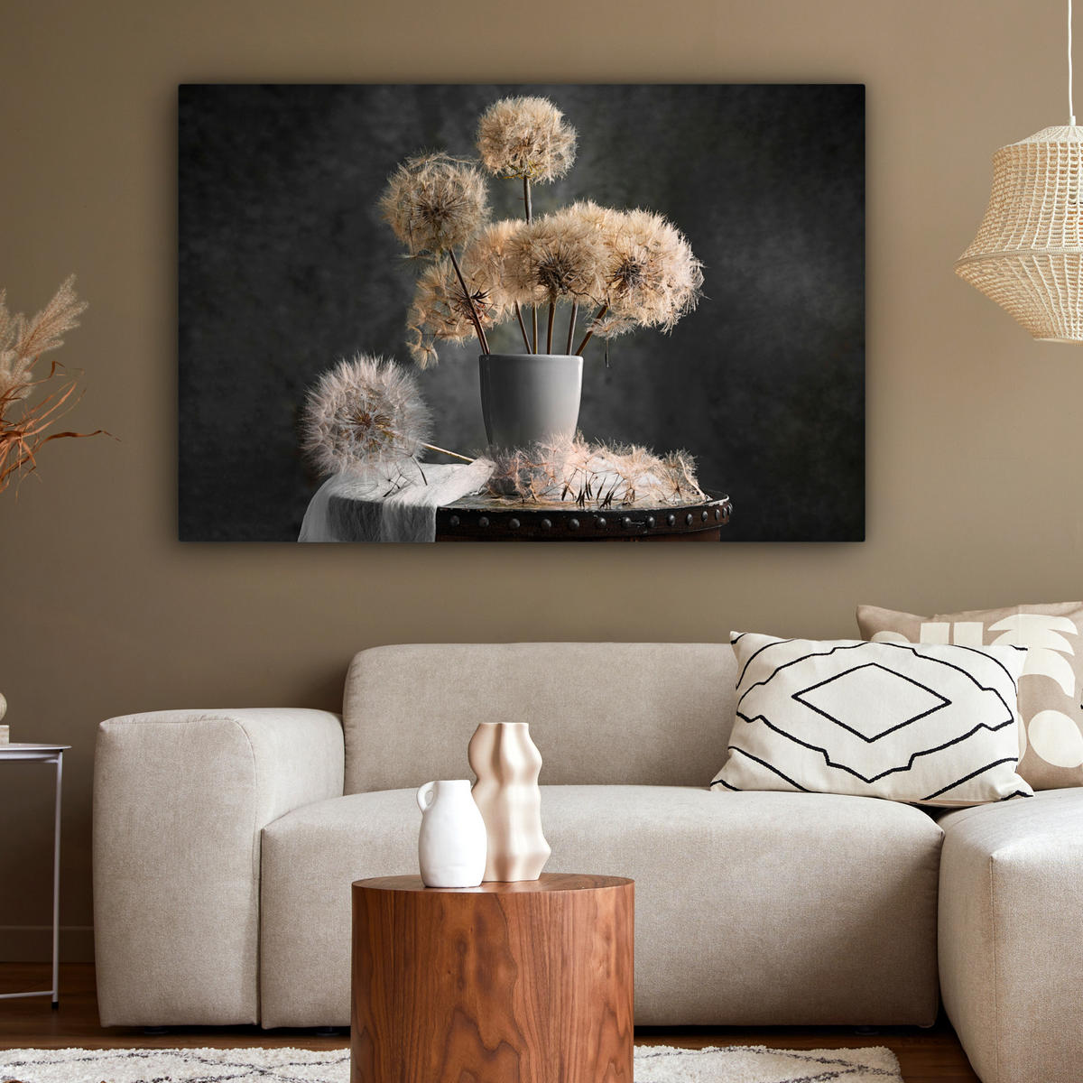 LEINWANDBILD Blumensamen - Löwenzahn - Vase - Stilleben - Blumenstrauß XXL 150x100 cm - Dunkelgrau, Textil (150/100cm) - MuchoWow