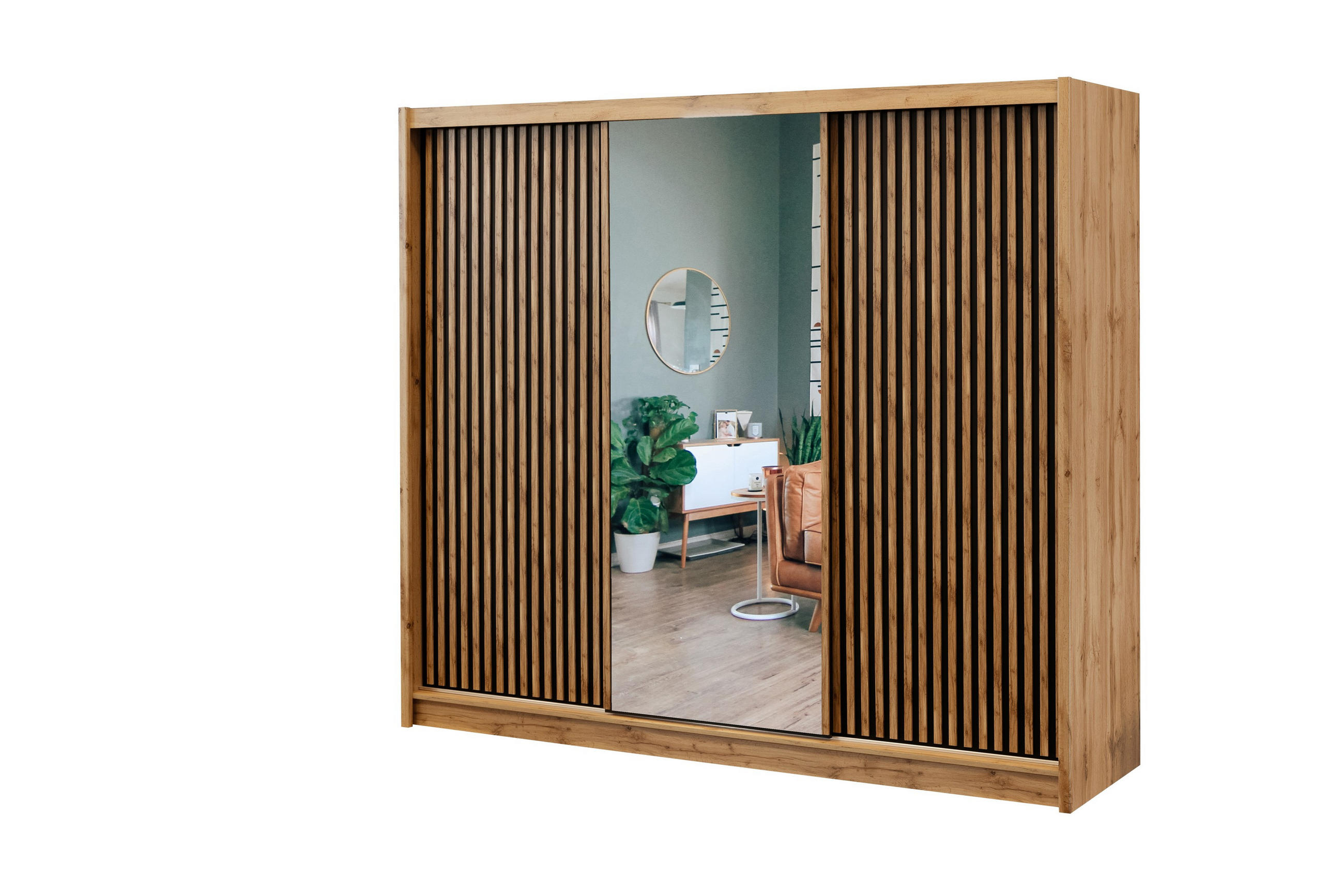 SCHWEBETÜRENSCHRANK DRAVEN 250/215/60,5 cm 3-türig mit Spiegel Eiche Wotan - Eiche Wotan/Schwarz, Holzwerkstoff (250/215/60.5cm) - MASSENO