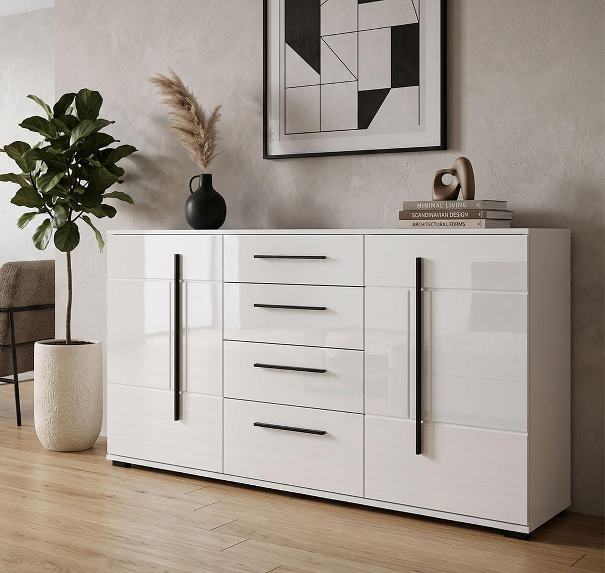 SIDEBOARD Cantara weiß Hochglanz / schwarz 150 / 42 / 86cm - Weiß Hochglanz/Schwarz, Holzwerkstoff/Kunststoff (150/86/42cm) - Feldmann-Wohnen