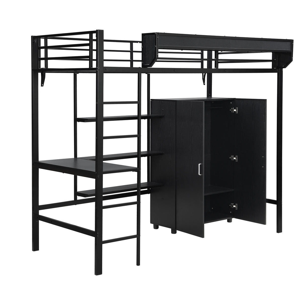 ETAGENBETT 90/200 cm mit Tisch, Kleiderschrank und 5-stufiger Leiter, Schwarz - Weiß, Metall (90/200cm) - Redom