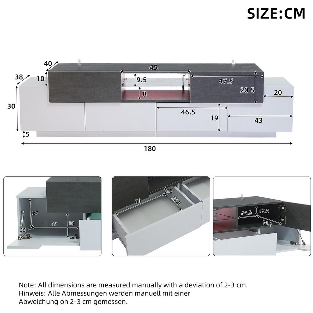 TV-SCHRANK Modern Lowboard LED-Beleuchtung Glasböden Weiß-Grau bis 80 Zoll - Weiß, Holz (48.26/18.42/99.06cm) - FLIEKS
