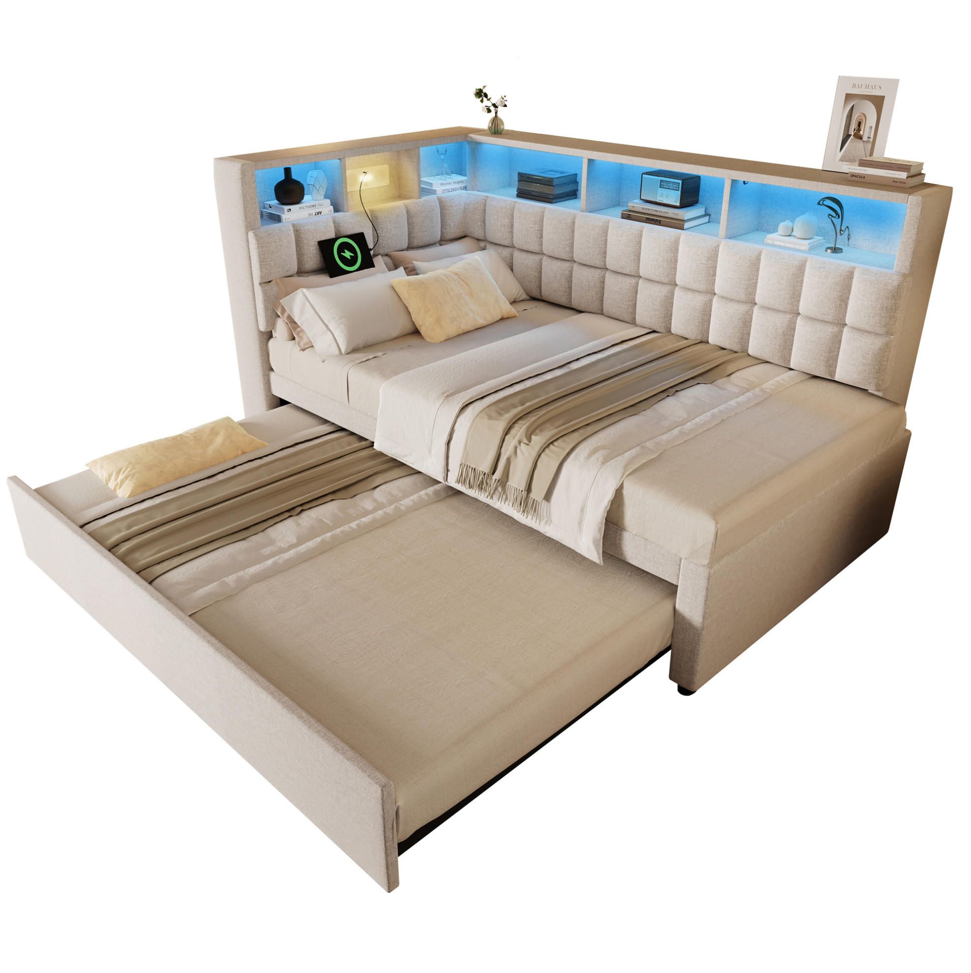 Modfu ČALOUNĚNÁ postel z lněné bavlny 90x200 cm béžová s výsuvným lůžkem, LED, Bluetooth, USB a Type-C