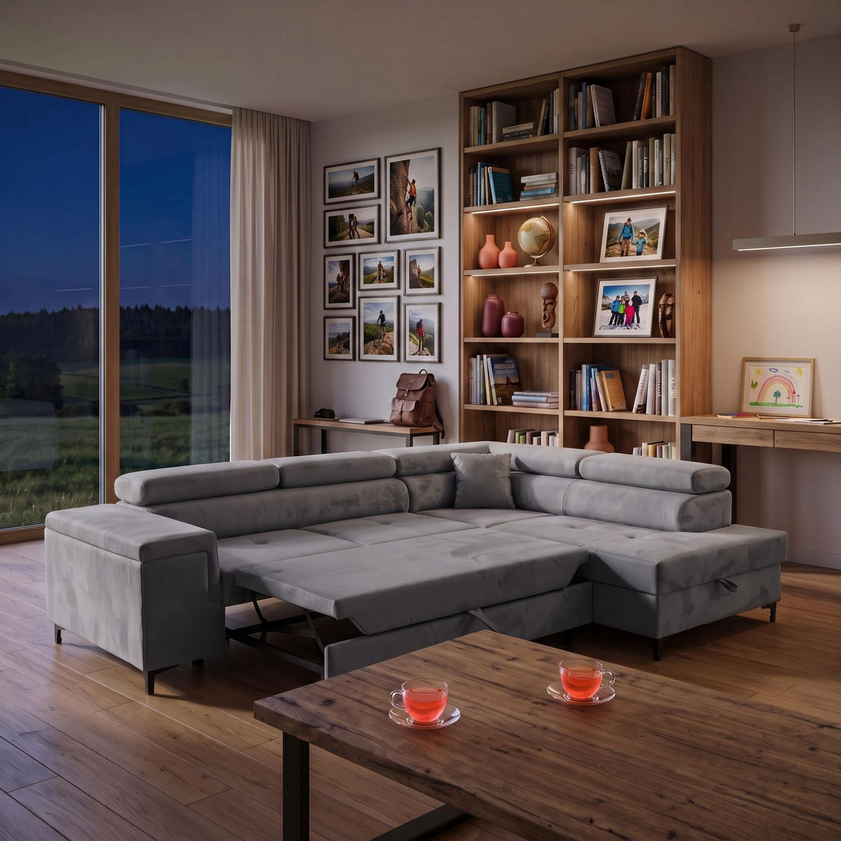 ECKSOFA WILLIAM L Rechts mit Schlaffunktion 127x195 Velours Hellgrau - Silberfarben/Hellgrau, Holz/Textil (203/275cm) - Muffo