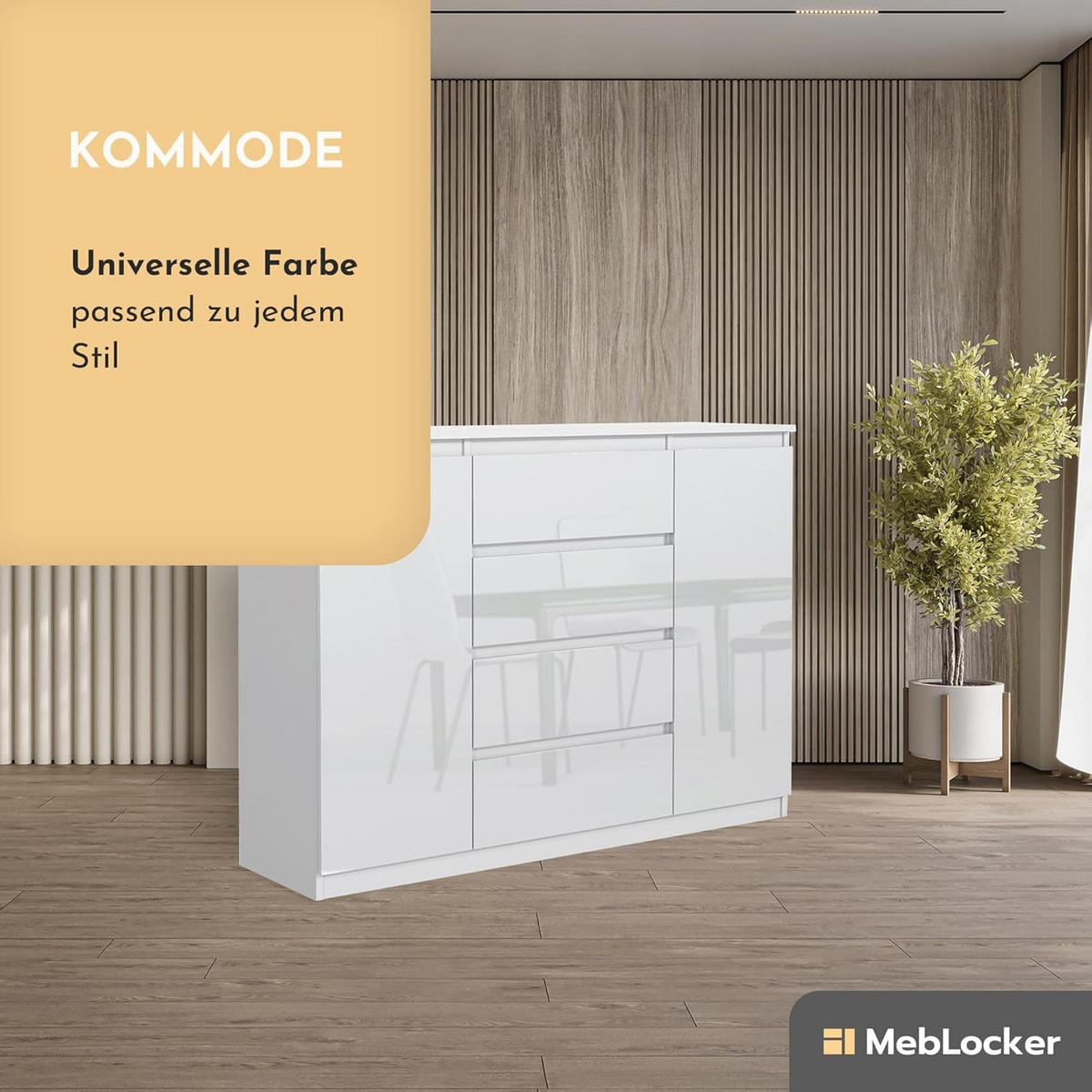 KOMMODE mit 4 Schubladen 2 Schranktüren 140 cm Weiß mit HochglanzFronte - Weiß Hochglanz, Holzwerkstoff (138.6/101.5/39cm) - MebLocker