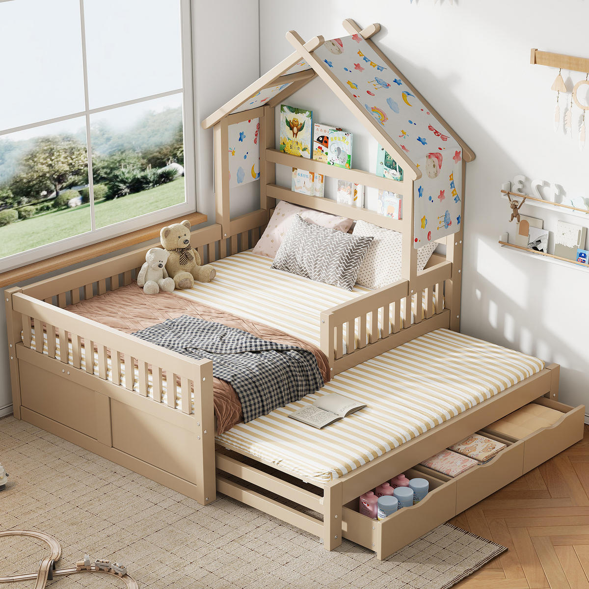 BETT 140/200 cm in Cream aus Kiefer, MDF und Sperrholz mit Ausziehbett, 3 Schubladen und Schutzgitter - Creme, Holz/Holzwerkstoff (140/200cm) - WISHDOR
