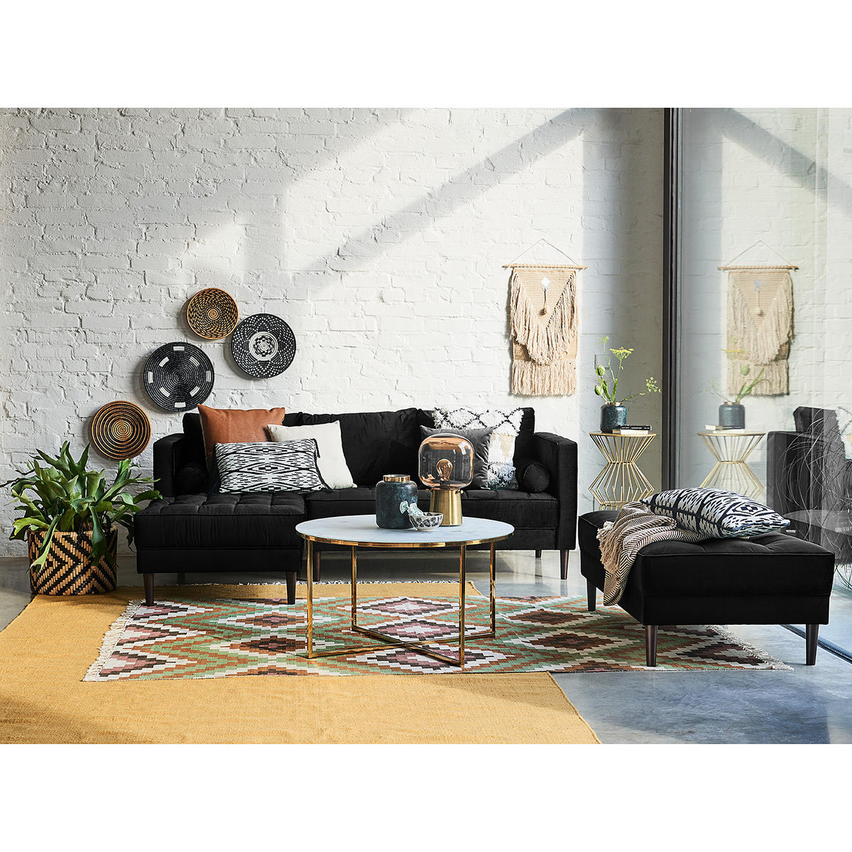 ECKSOFA - Samt - Dunkelbraun/Schwarz, Birkenholz/Textil (201/155cm) - home24