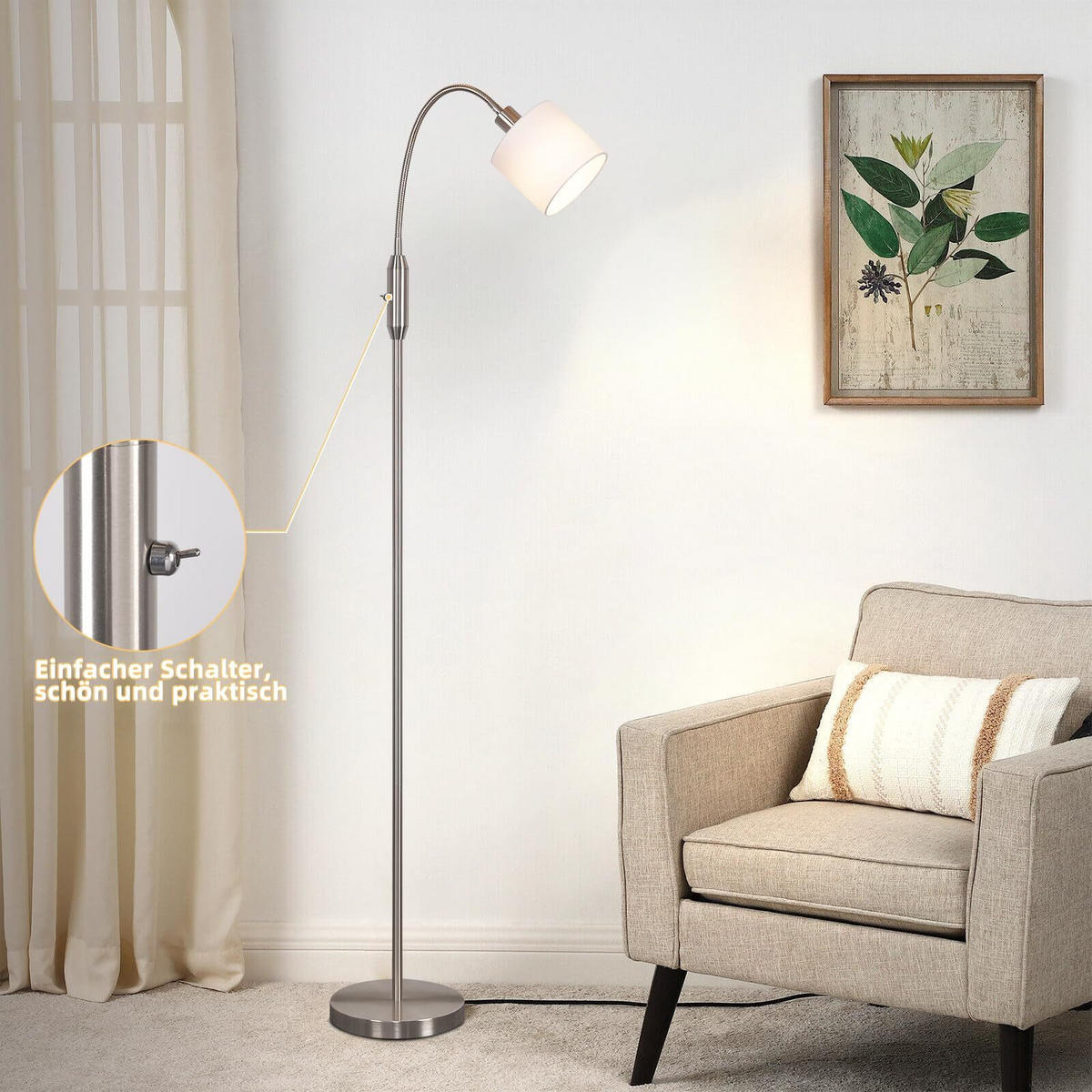 STEHLAMPE Seraphina 12/12/163 cm - Silberfarben, Textil/Metall (12/12/163cm) - ZMH