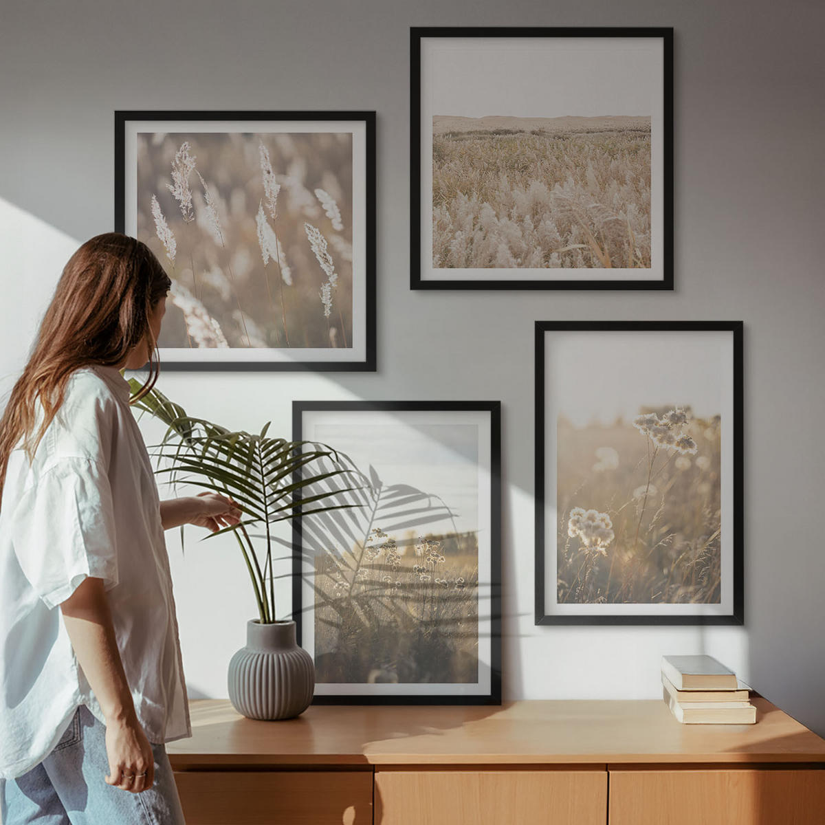 BILDER SET 4er Set - 50x50 cm & 40x60 cm Schwarzer Rahmen - Landschaftsgrasblumen Wärme - Schwarz, Kunststoff (50/50cm) - TULUP