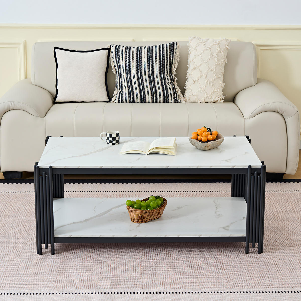 COUCHTISCH 114/64/46 cm weiß schwarz aus MDF mit 2 Ablagen - Schwarz, Holzwerkstoff (114/64/46cm) - OKWISH