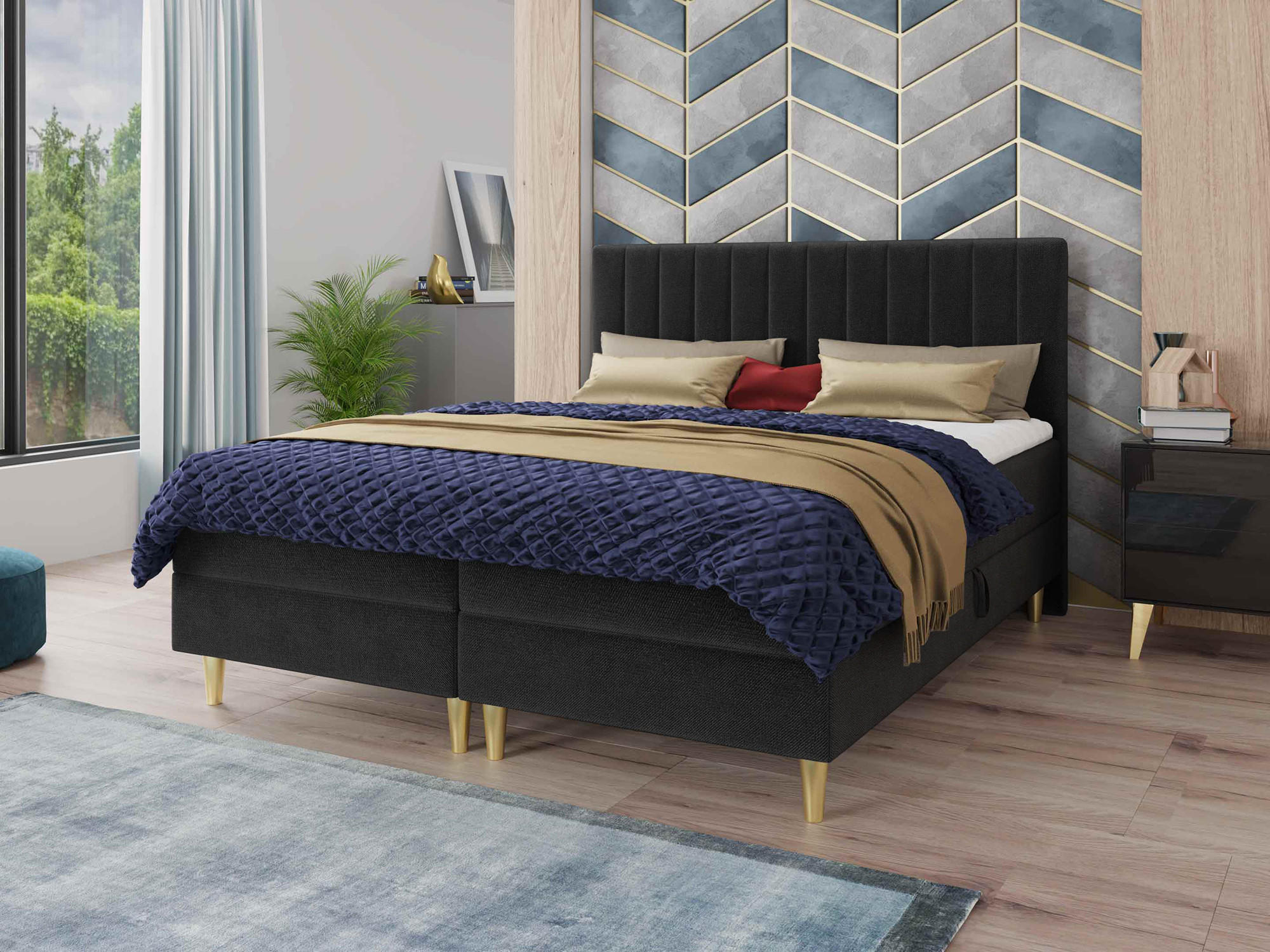 BOXBETT Gold - 160x200 - schwarz (Manila 18, Velvet) - Gelb/Schwarz, Holz/Holzwerkstoff (160/200cm) - Sofnet