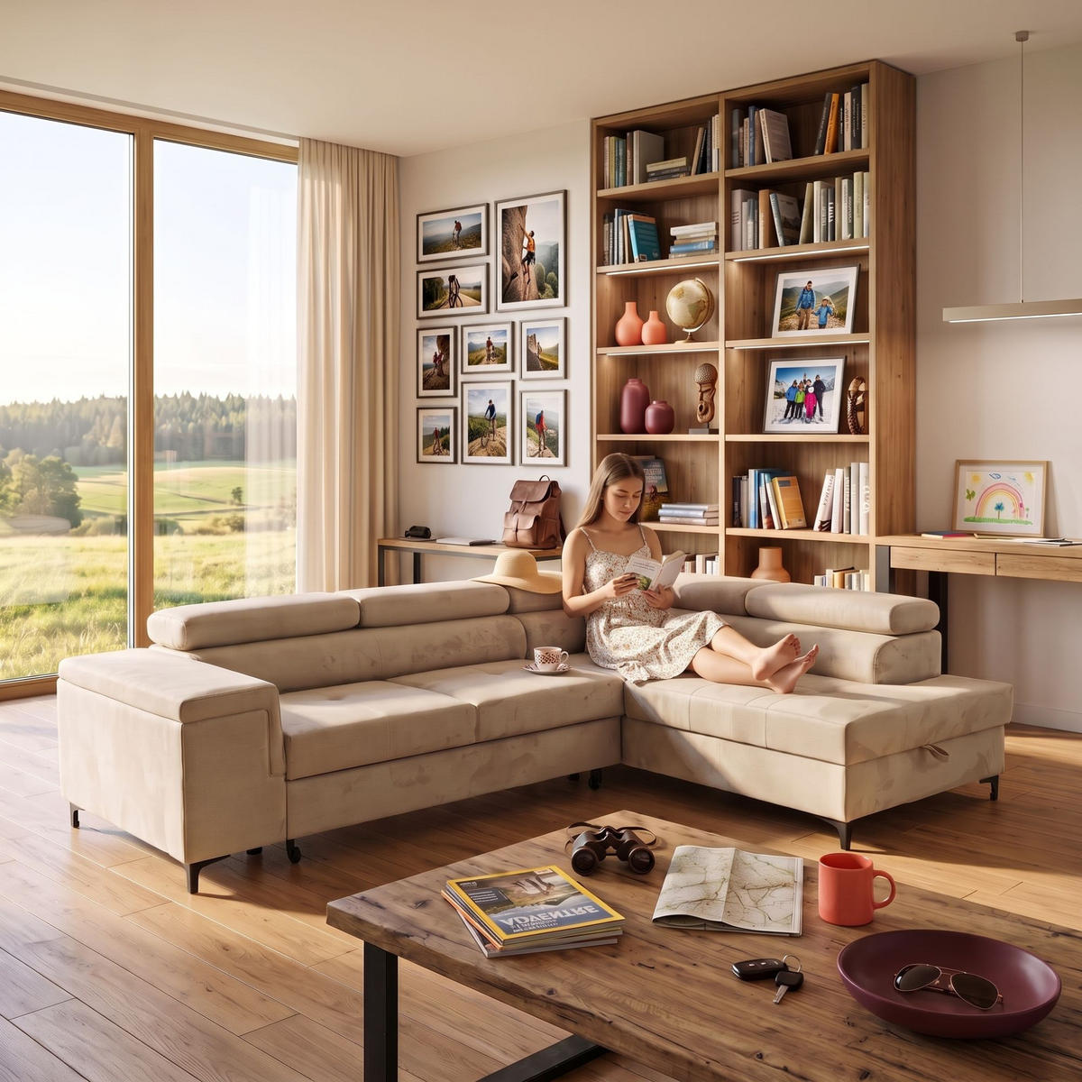 ECKSOFA WILLIAM L Rechts mit Schlaffunktion 127x195 Velours Beige - Beige/Silberfarben, Holz/Textil (203/275cm) - Muffo
