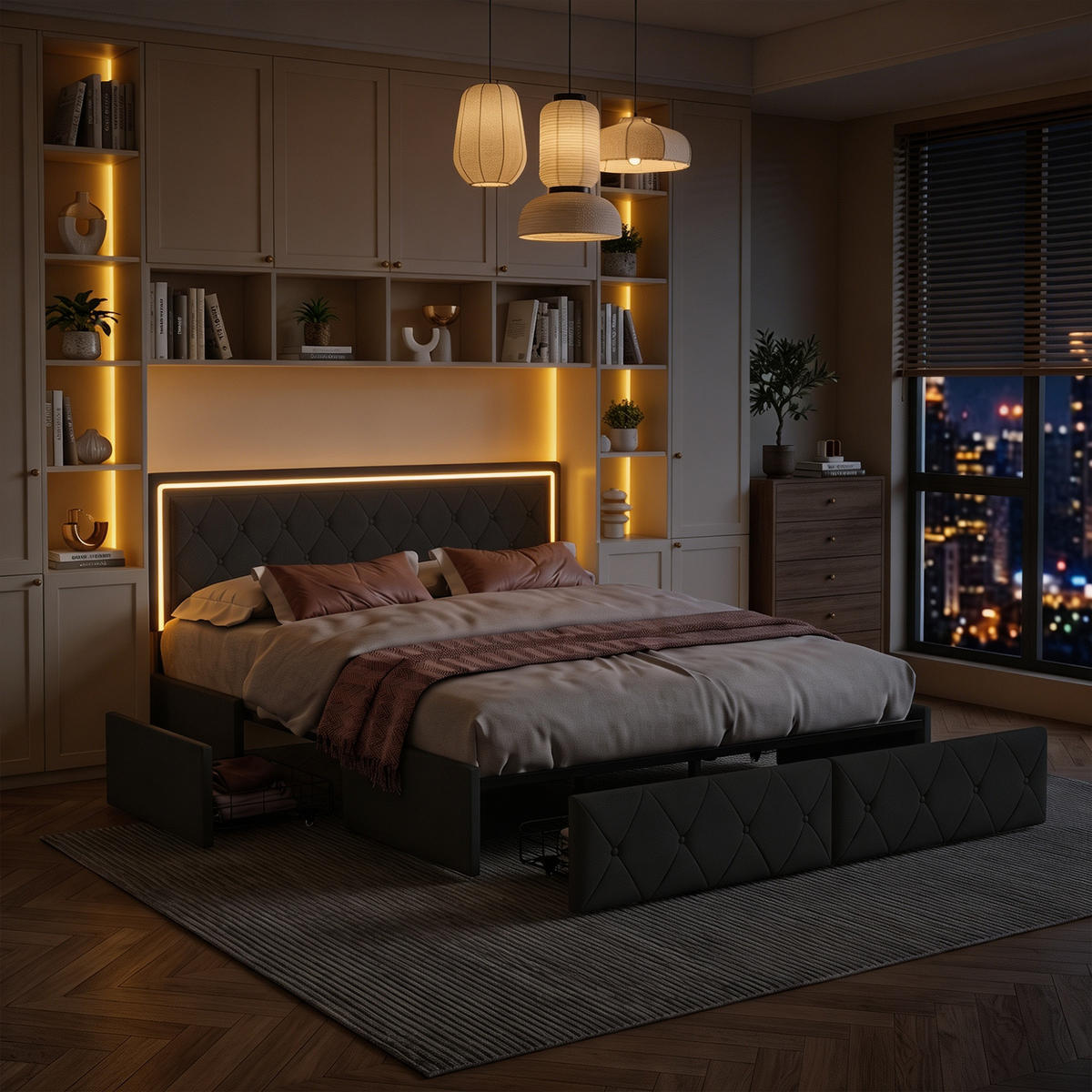 POLSTERBETT 140x200, höhenverstellbares Kopfteil, LED-Beleuchtung, 4 Stauraumschubladen, bett 140x200 mit Lattenrost, grau - Grau, Leder/Holz (140/200cm) - GENKI LIVING