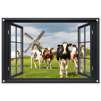 ZAHRADNÍ PLAKÁT Pohled - Kráva - Mlýn - Krávy - Louka - Tráva - Zelená 90x60 cm - antracitová, plast (90/60/0.2cm) - OnlyWow
