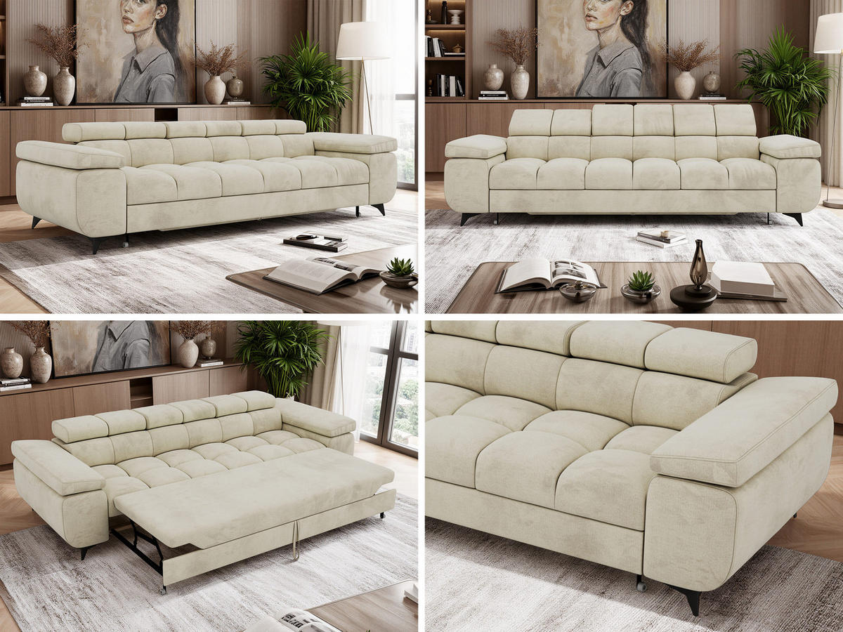 TŘÍMÍSTNÁ POHOVKA NIDELLO - Béžová Samet - černá/béžová, kov/textil (260/70/97cm) - MKS