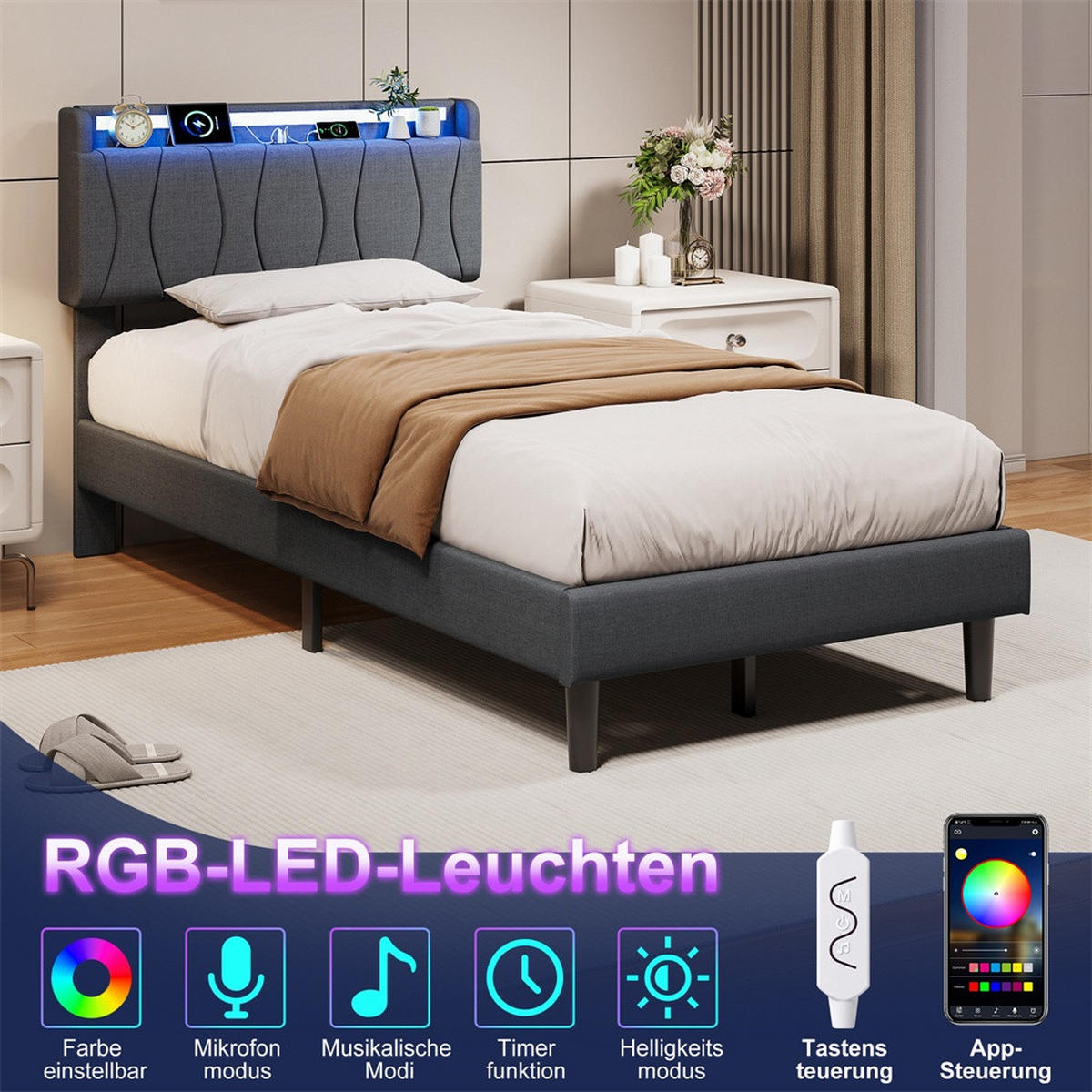 POLSTERBETT 90x200 cm mit LED-Beleuchtung - Kopfteil mit Ladefunktion - Gepolstertes Kopfteil - Grau - Grau, Textil (90/200cm) - DELFA