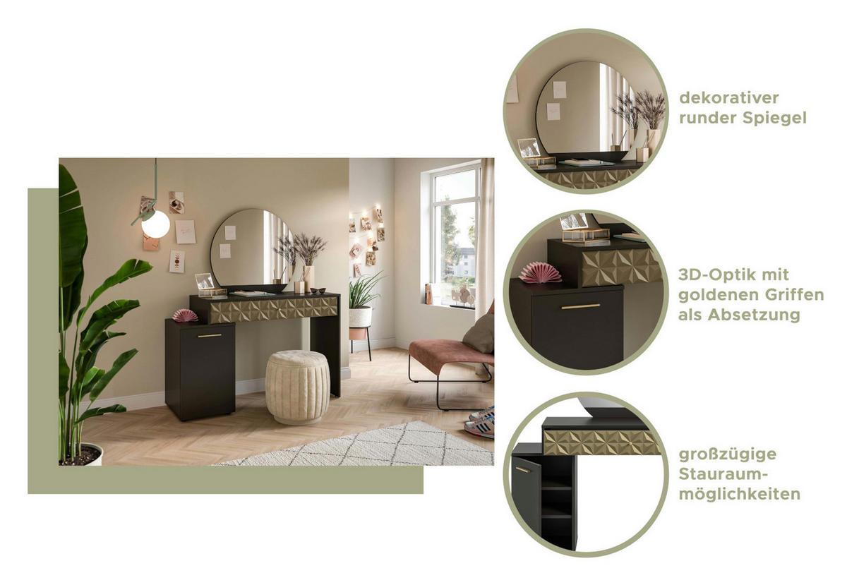 SCHMINKTISCH schwarz, Gold 117 cm mit Spiegel - Goldfarben/Schwarz, Holzwerkstoff/Kunststoff (117/137/42cm) - Inn.Furn