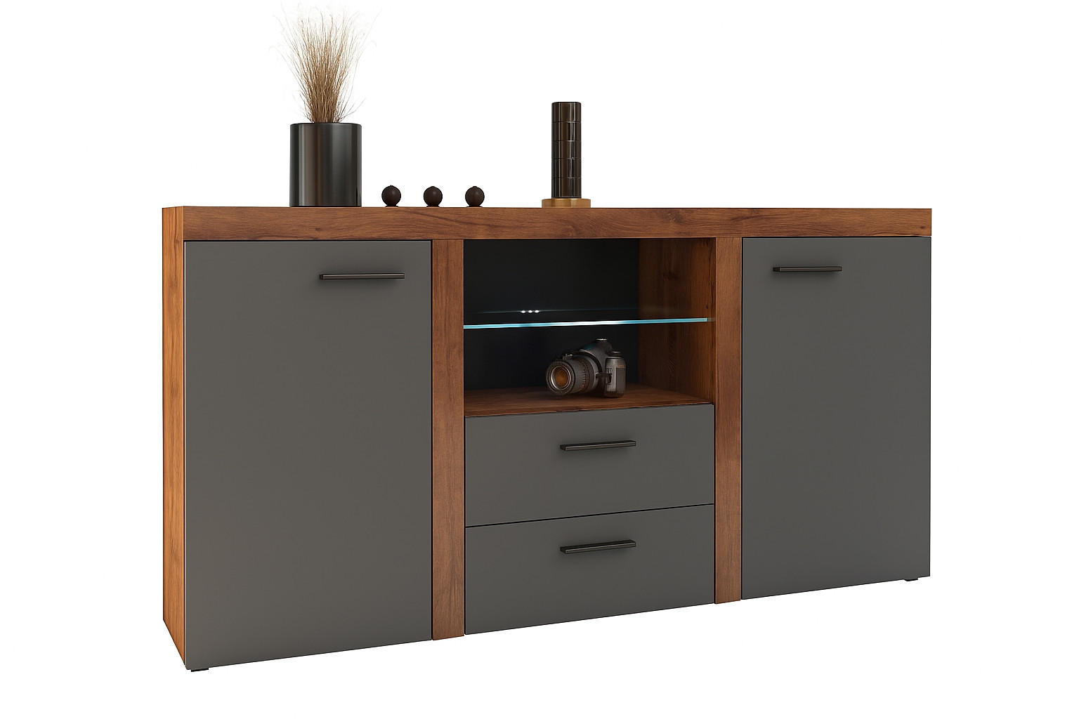 SIDEBOARD OKTAWIA 2F2S - Dunkelbraun/Graphitfarben, Holzwerkstoff (157/20/40cm) - Meblini