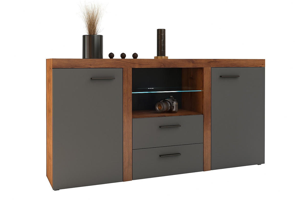 SIDEBOARD OKTAWIA 2F2S LED - Dunkelbraun/Graphitfarben, Holzwerkstoff (157/20/40cm) - Meblini