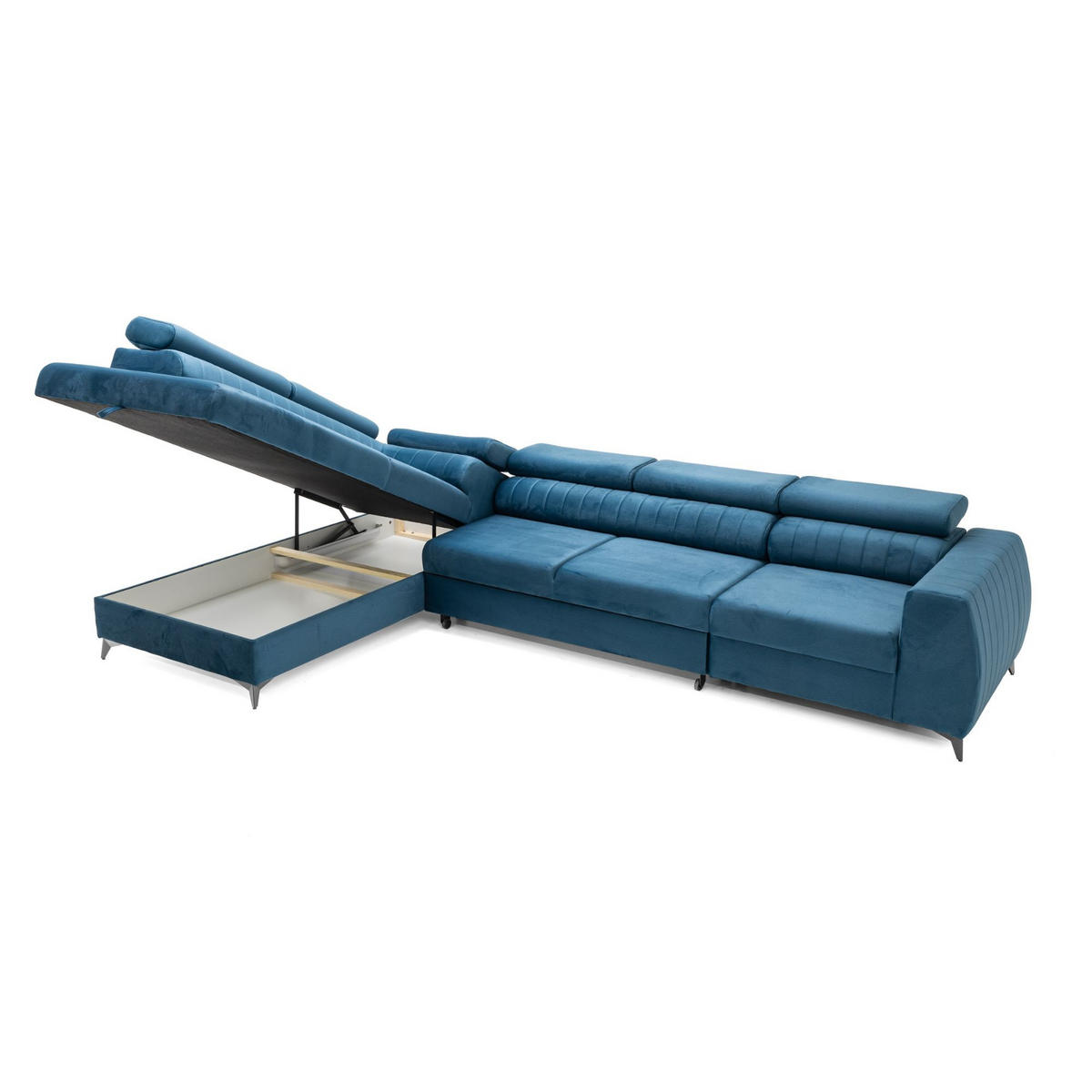 ECKSOFA PIERO MAXI Links mit Schlaffunktion 195x125 Velours Blau - Blau/Schwarz, Holz/Textil (350/203cm) - Muffo