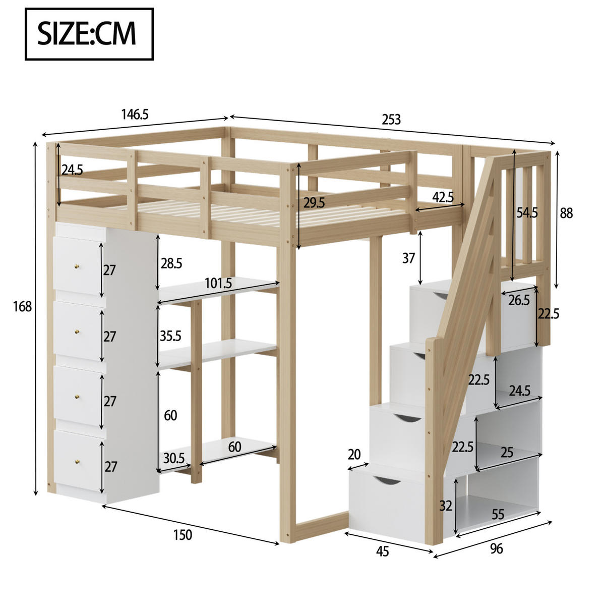 HOCHBETT 140/200 cm mit Aufbewahrungsschubladen und Sicherheitsleiter in Natur und Weiß ohne Matratze - Hellbraun/Weiß, Holz (140/200cm) - OKWISH