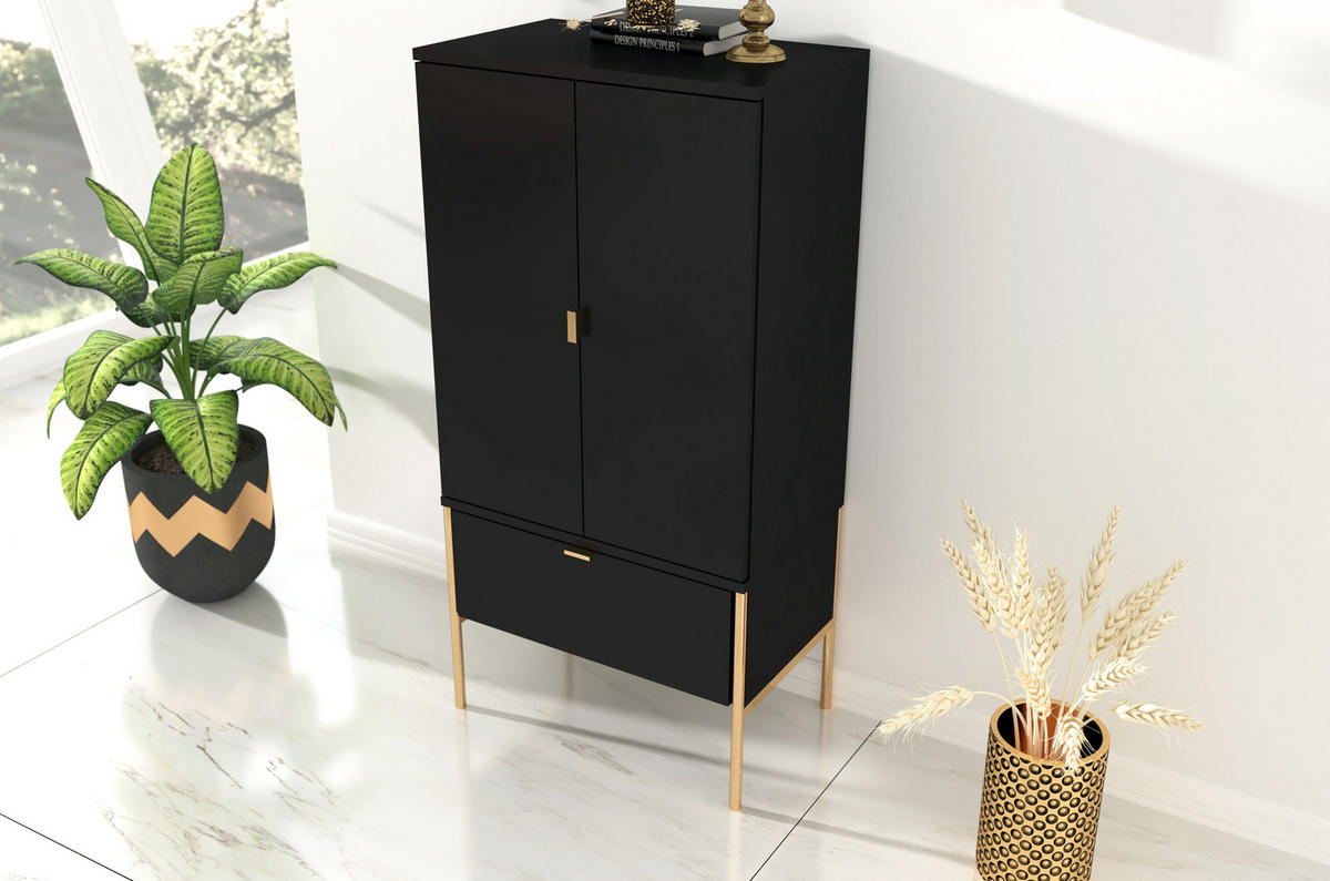 HIGHBOARD Polka, Schwarz, Goldene Details - Goldfarben/Schwarz, Holzwerkstoff/Metall (60/120/37cm) - Skandica