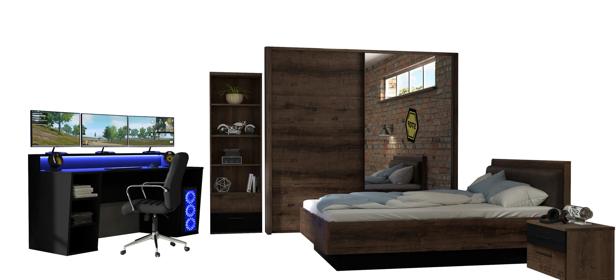 JUGENDZIMMER Tezaur "Jacky" in Schlammeiche, Schwarz und Schwarzeiche 7 teilig Gamingzimmer mit RGB LED - Braun, Holzwerkstoff (120/200/80cm)