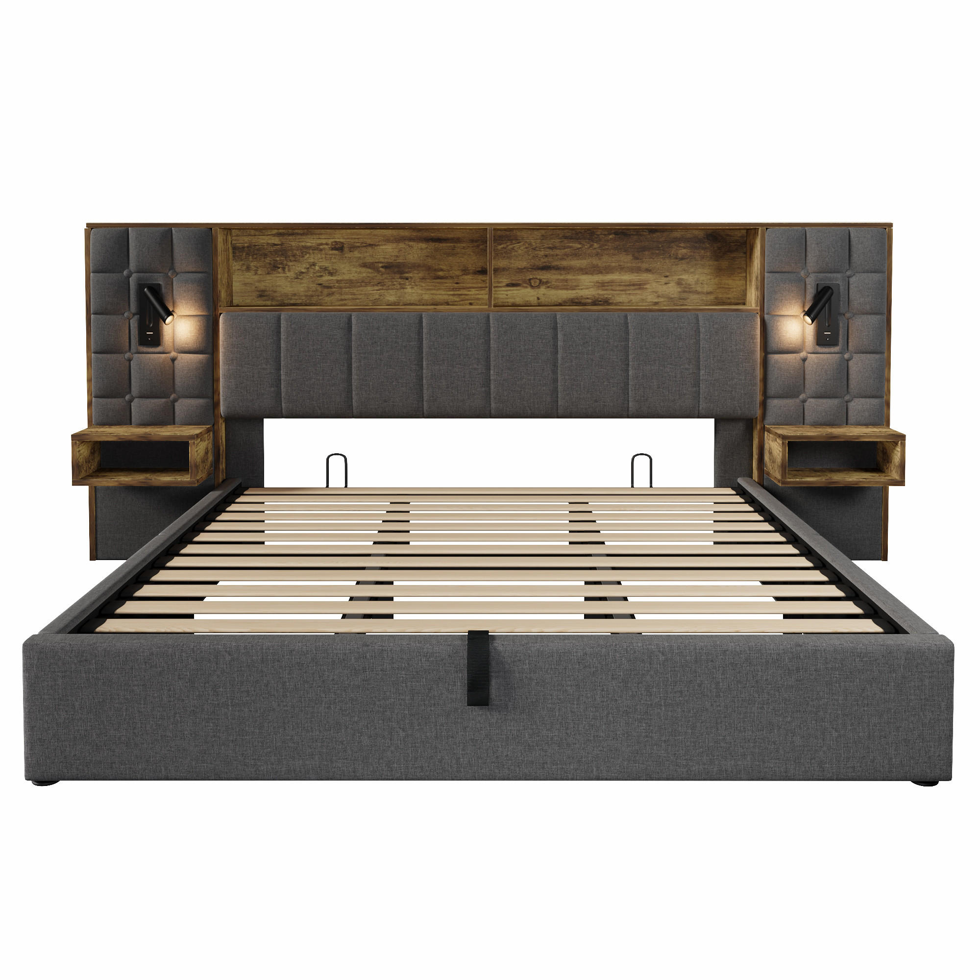 POLSTERBETT 180/200 cm Grau mit LED, 2 Leselampen und 2 integrierte Nachttische - Grau, Textil (180/200cm) - Oxeza