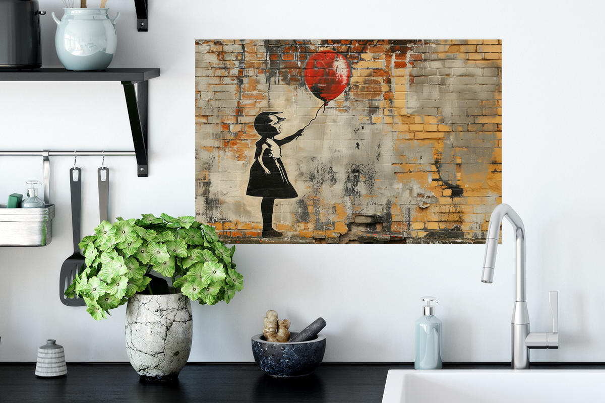 WANDTATTOO Graffiti - Banksy - Mädchen - Straßenkunst 60x40 cm - Sandfarben, Kunststoff (60/40/0.1cm) - MuchoWow