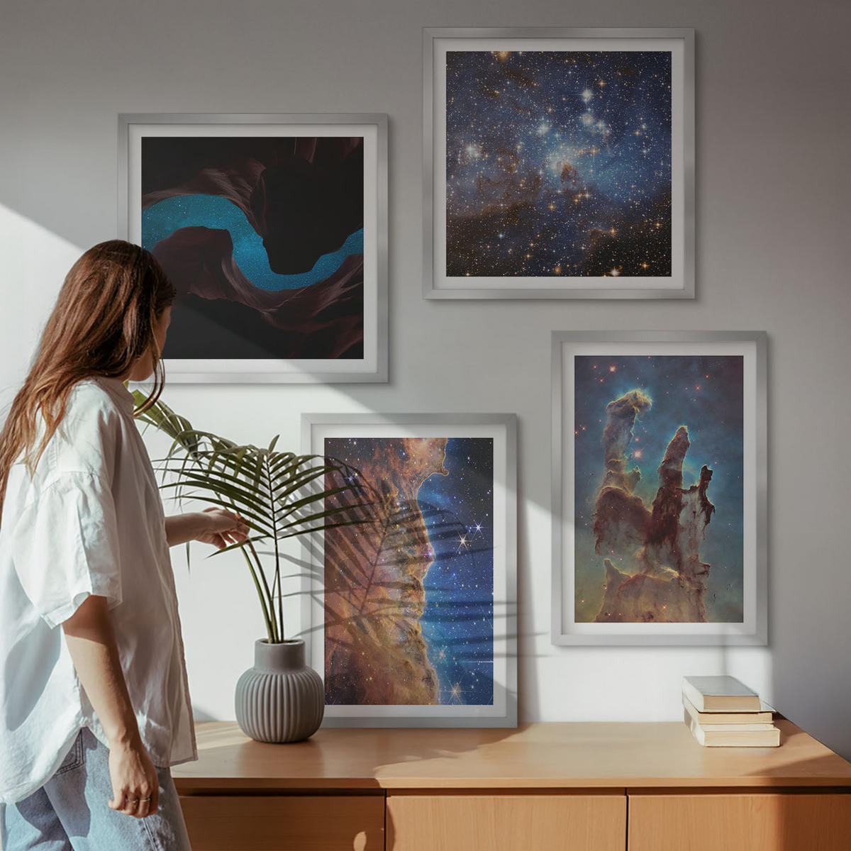 WANDBILDER 4er Set - 50x50 cm & 40x60 cm Silberner Rahmen - Weltraumlandschaften von Galaxien - Silberfarben, Kunststoff (50/50cm) - ArtPrintCave